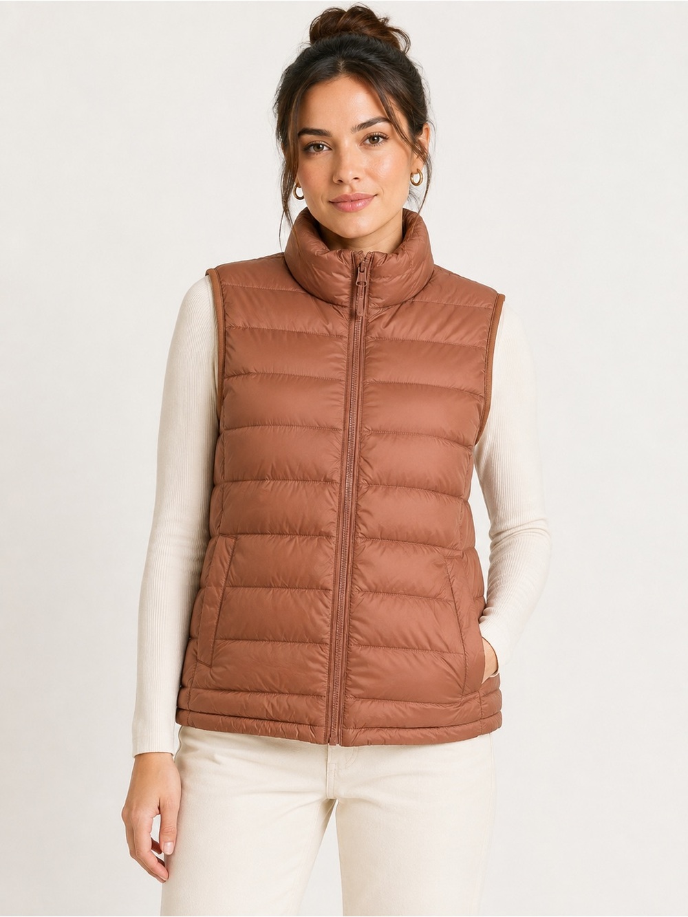 32 Degrees Heat Vest Large Brown Packable Lightweight Puffer Zip Front Jacket